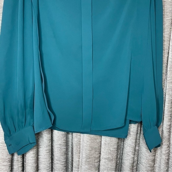 Vintage Ruffle High Neck Turquoise Blue Button Front Blouse Size 8 - Picture 7 of 16